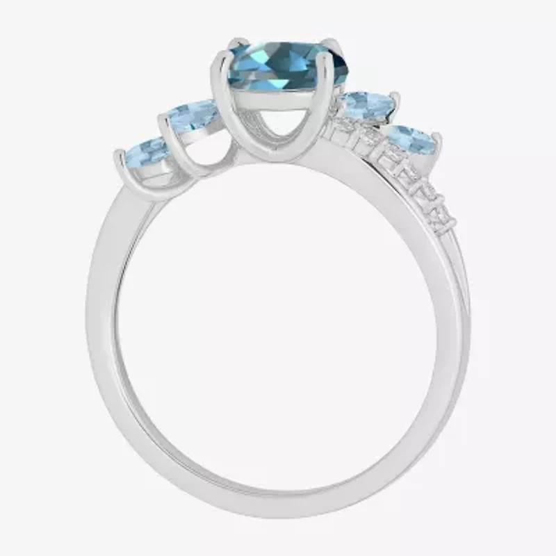 Womens Genuine Blue Topaz Sterling Silver Oval Side Stone Cocktail Ring
