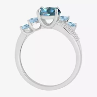 Womens Genuine Blue Topaz Sterling Silver Oval Side Stone Cocktail Ring