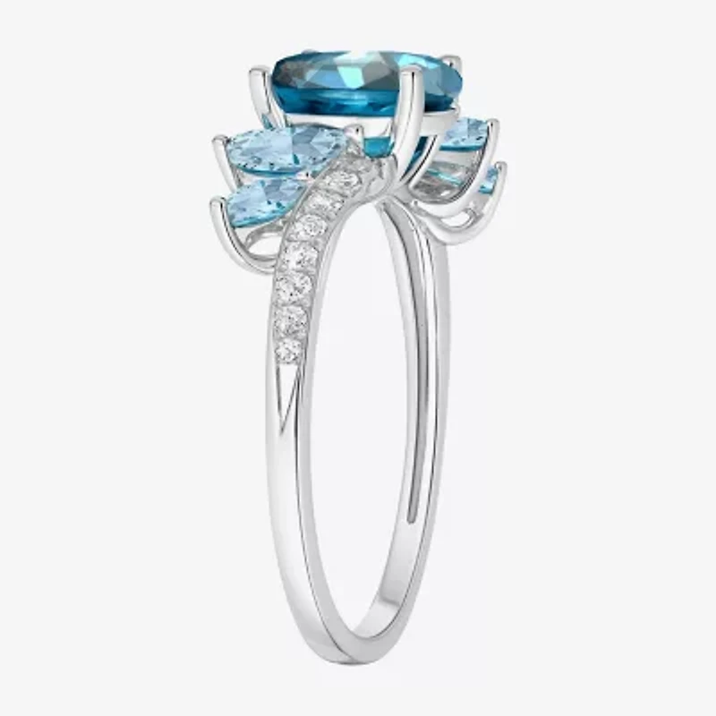 Womens Genuine Blue Topaz Sterling Silver Oval Side Stone Cocktail Ring