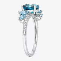 Womens Genuine Blue Topaz Sterling Silver Oval Side Stone Cocktail Ring