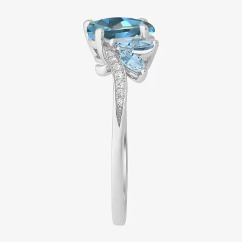 Womens Genuine Blue Topaz Sterling Silver Oval Side Stone Cocktail Ring