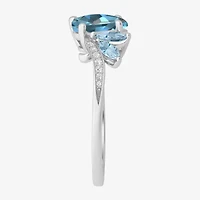 Womens Genuine Blue Topaz Sterling Silver Oval Side Stone Cocktail Ring