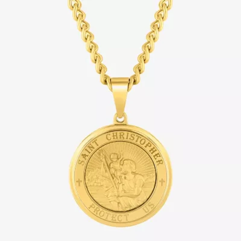 St. Christopher Medallion Mens Stainless Steel Round 24 Inch Pendant Necklace