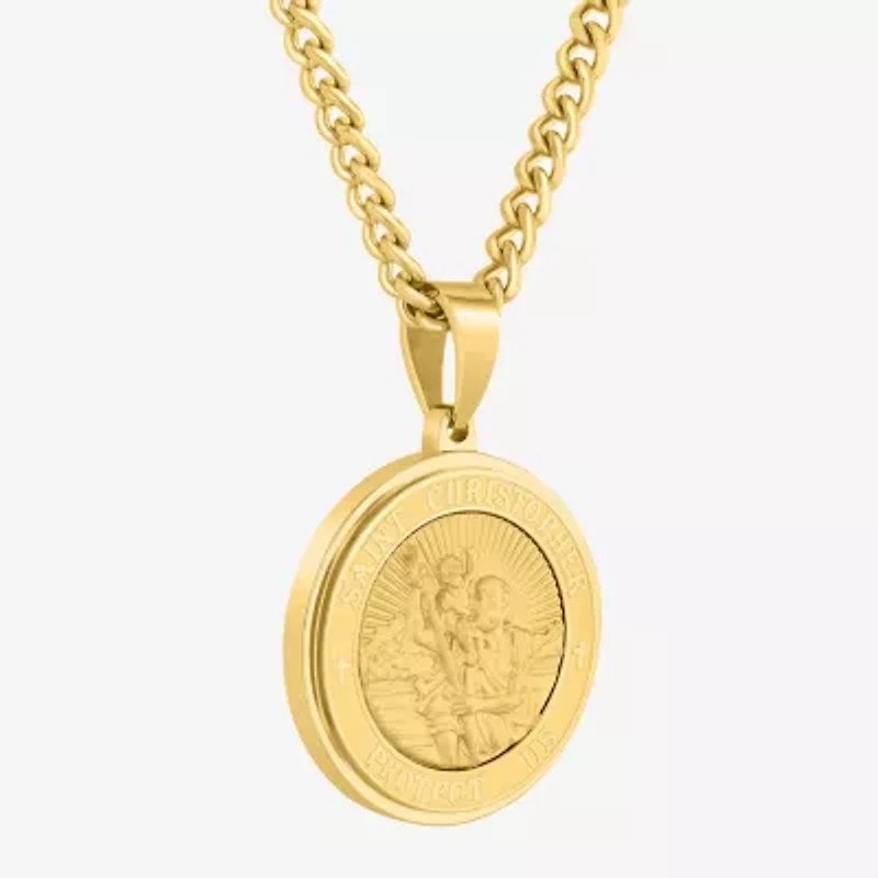 St. Christopher Medallion Mens Stainless Steel Round 24 Inch Pendant Necklace