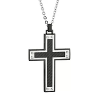 Mens Stainless Steel & Black IP w/Carbon Fiber Inlay Cross Pendant Necklace