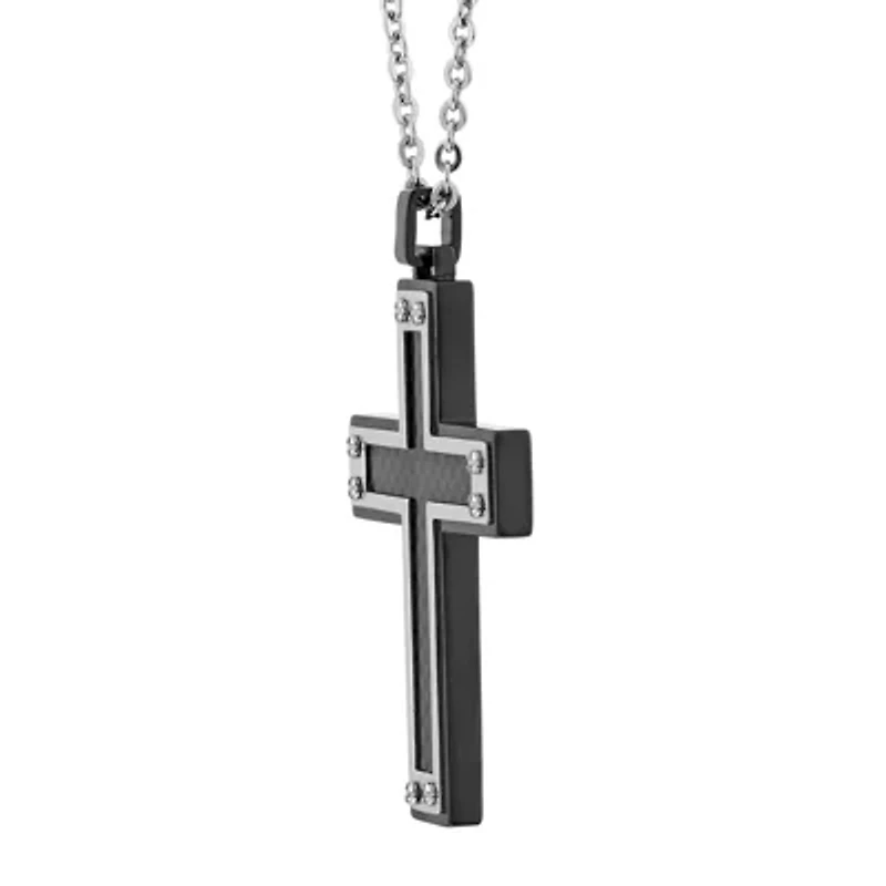 Mens Stainless Steel & Black IP w/Carbon Fiber Inlay Cross Pendant Necklace