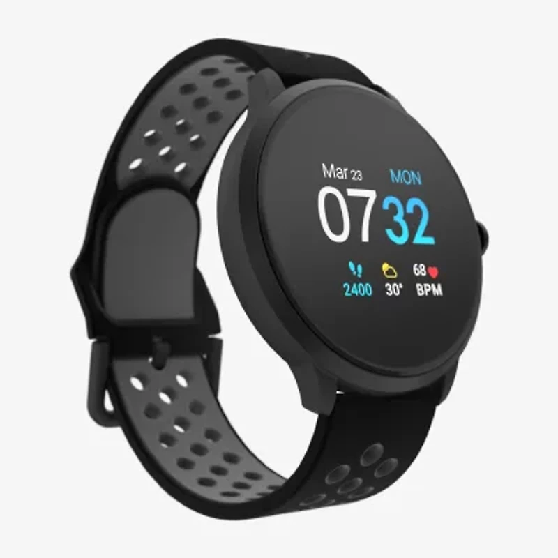 iTouch Sport 3 for Men: Black Case with Black/Gray Perforated Strap Smartwatch (45mm) 500013B-51-G04