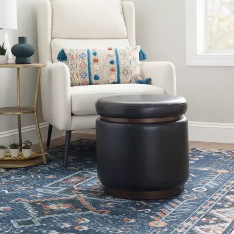 Berlinda Faux Leather Round Storage Ottoman
