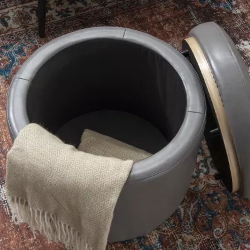 Berlinda Faux Leather Round Storage Ottoman