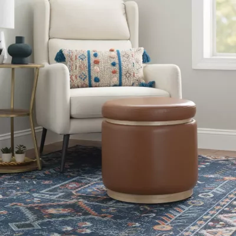 Berlinda Faux Leather Round Storage Ottoman