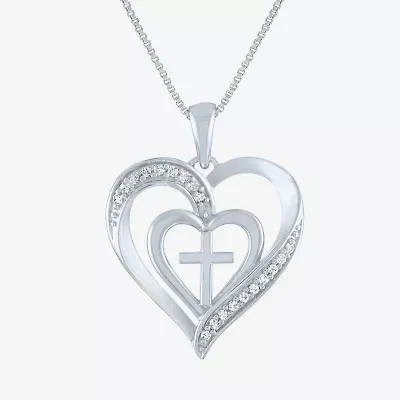 Womens 1/10 CT. T.W. Natural White Diamond Sterling Silver Cross Heart 18 Inch Pendant Necklace