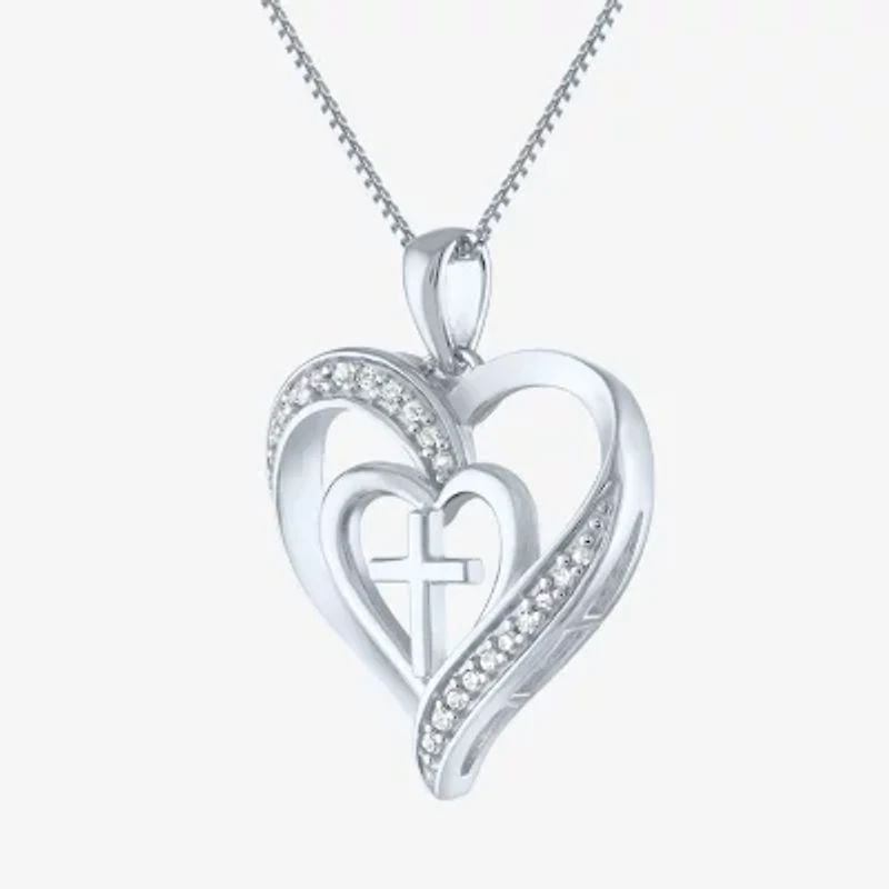 Womens 1/10 CT. T.W. Natural White Diamond Sterling Silver Cross Heart 18 Inch Pendant Necklace