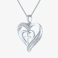 Womens 1/10 CT. T.W. Natural White Diamond Sterling Silver Cross Heart 18 Inch Pendant Necklace