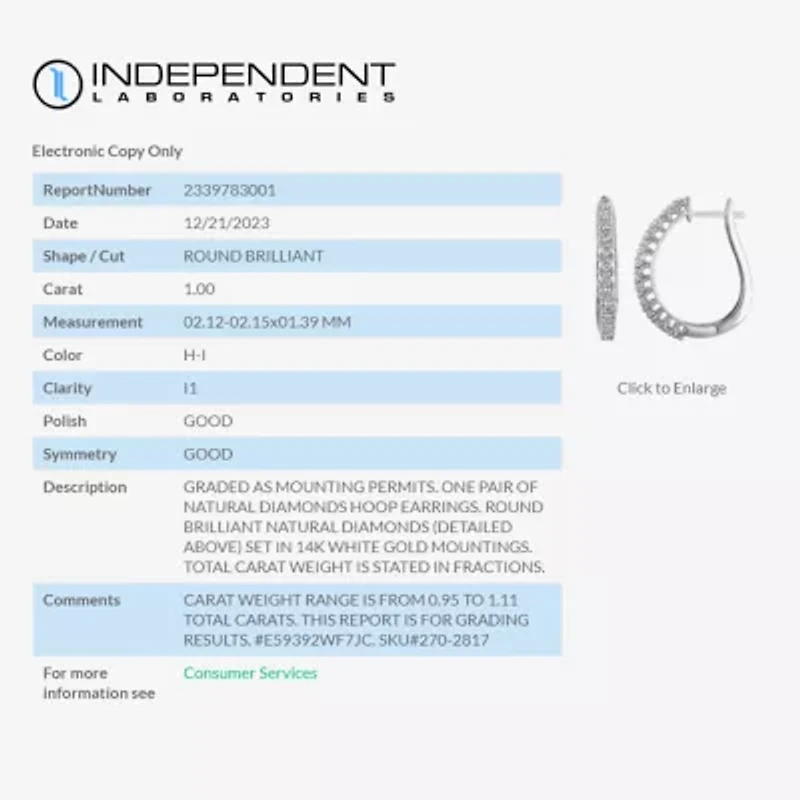 Womens 1 CT. T.W. Natural White Diamond 14K Gold 24.9mm Hoop Earrings