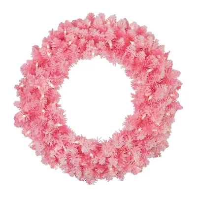 Northlight Flocked Pink Artificial With Clear Lights Pre-Lit Wreath