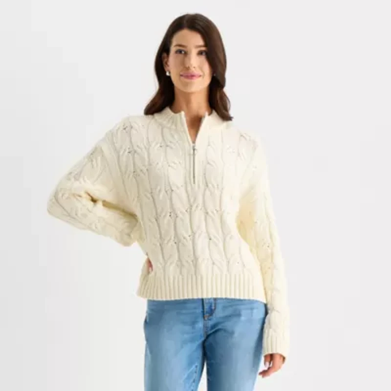 St. John's Bay Womens Mock Neck Long Sleeve Quarter-Zip Pullover Sweater