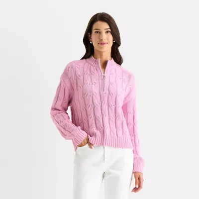 St. John's Bay Womens Mock Neck Long Sleeve Quarter-Zip Pullover Sweater