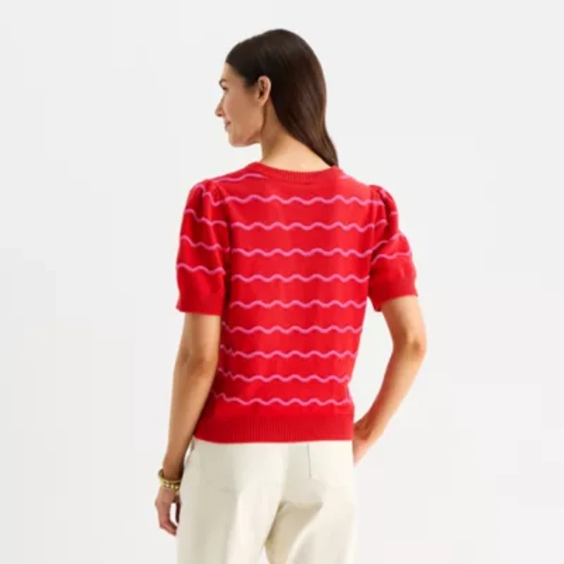 St. John's Bay Womens Crew Neck Short Sleeve Striped Pullover Sweater