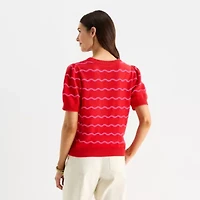 St. John's Bay Womens Crew Neck Short Sleeve Striped Pullover Sweater