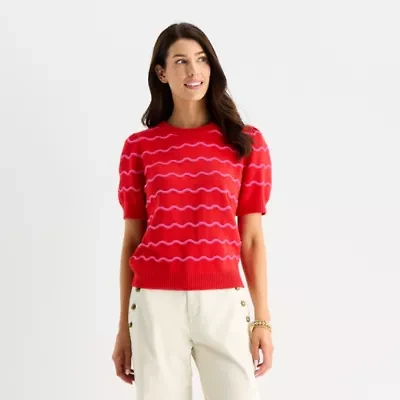 St. John's Bay Womens Crew Neck Short Sleeve Striped Pullover Sweater