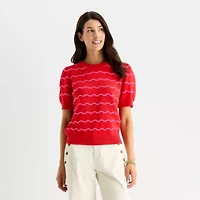 St. John's Bay Womens Crew Neck Short Sleeve Striped Pullover Sweater