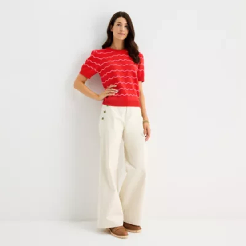 St. John's Bay Womens Crew Neck Short Sleeve Striped Pullover Sweater
