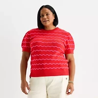 St. John's Bay Plus Womens Crew Neck Short Sleeve Striped Pullover Sweater