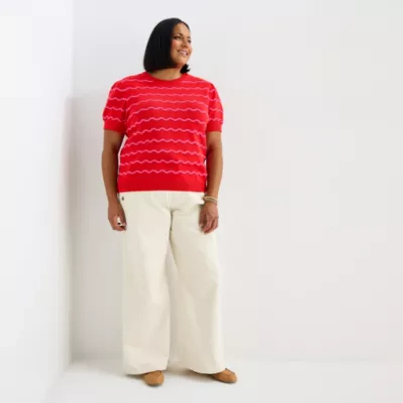 St. John's Bay Plus Womens Crew Neck Short Sleeve Striped Pullover Sweater