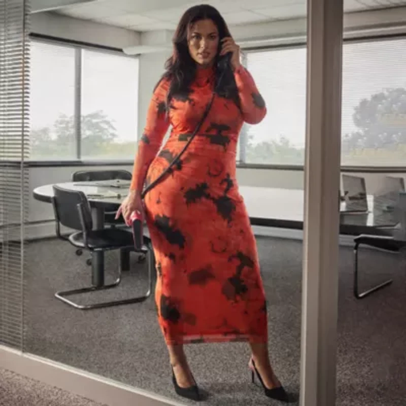Ashley Graham Mesh Womens Plus Long Sleeve Floral Bodycon Dress