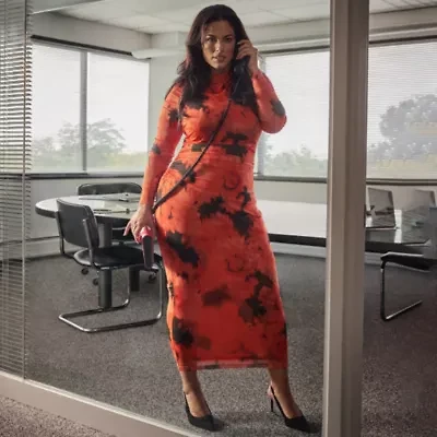 Ashley Graham Mesh Womens Plus Long Sleeve Floral Bodycon Dress