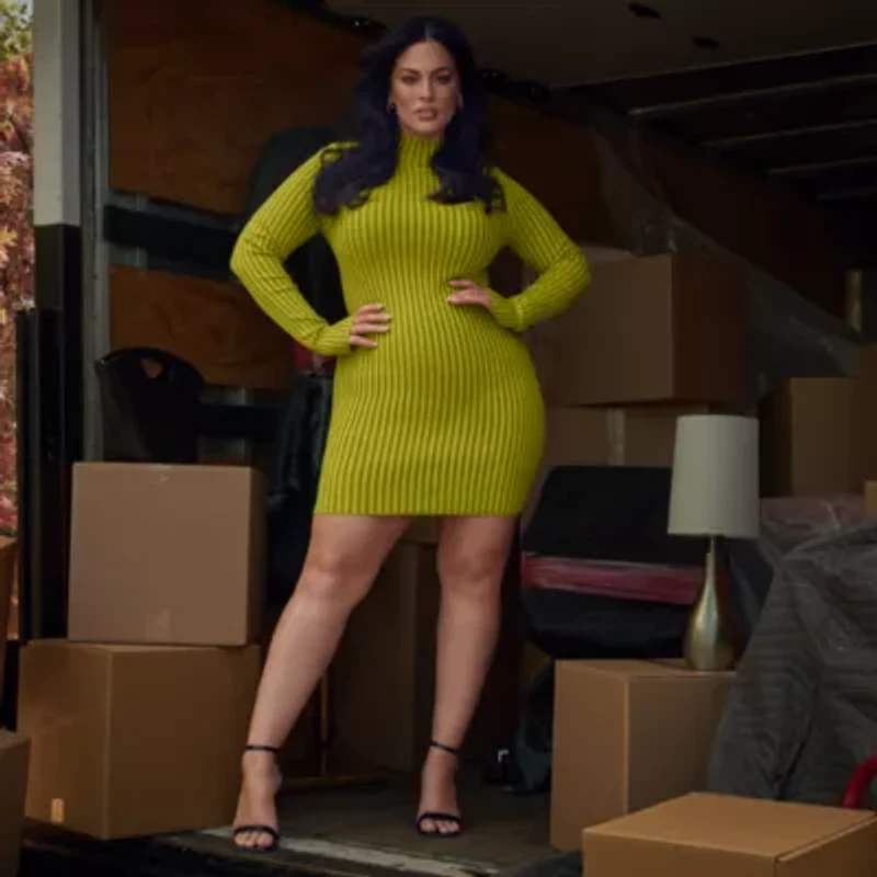 Ashley Graham Womens Plus Long Sleeve Casual Bodycon Dress