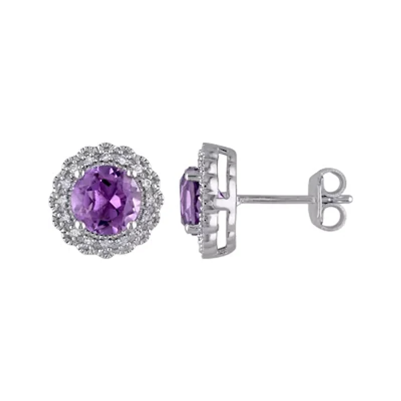 Genuine Amethyst and 1/10 CT. T.W. Diamond Stud Earrings
