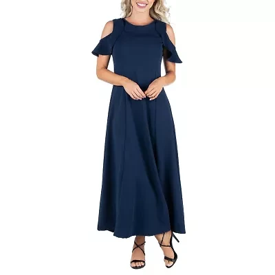 24/7 Comfort Apparel Womens Ruffle Cold Shoulder A Line Maxi Dress