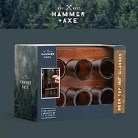 Hammer + Axe Beer Top Shot Glass Set, 6 Bottle Neck Glasses With Wood Display Stand