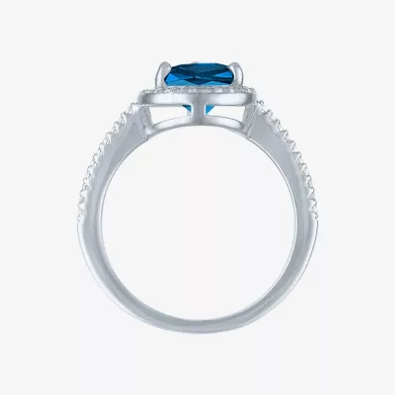 Womens Genuine Blue Topaz Sterling Silver Pear Halo Side Stone Cocktail Ring
