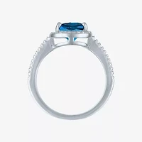 Womens Genuine Blue Topaz Sterling Silver Pear Halo Side Stone Cocktail Ring