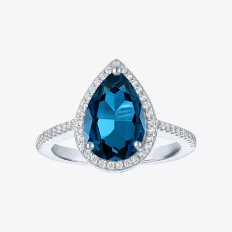 Womens Genuine Blue Topaz Sterling Silver Pear Halo Side Stone Cocktail Ring
