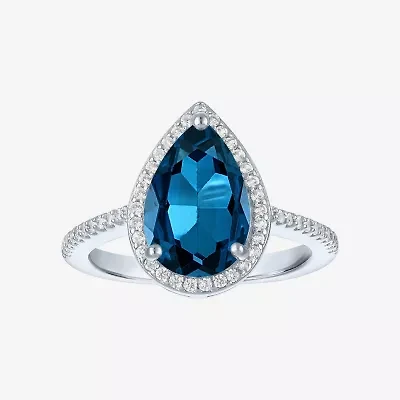 Womens Genuine Blue Topaz Sterling Silver Pear Halo Side Stone Cocktail Ring