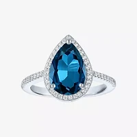 Womens Genuine Blue Topaz Sterling Silver Pear Halo Side Stone Cocktail Ring