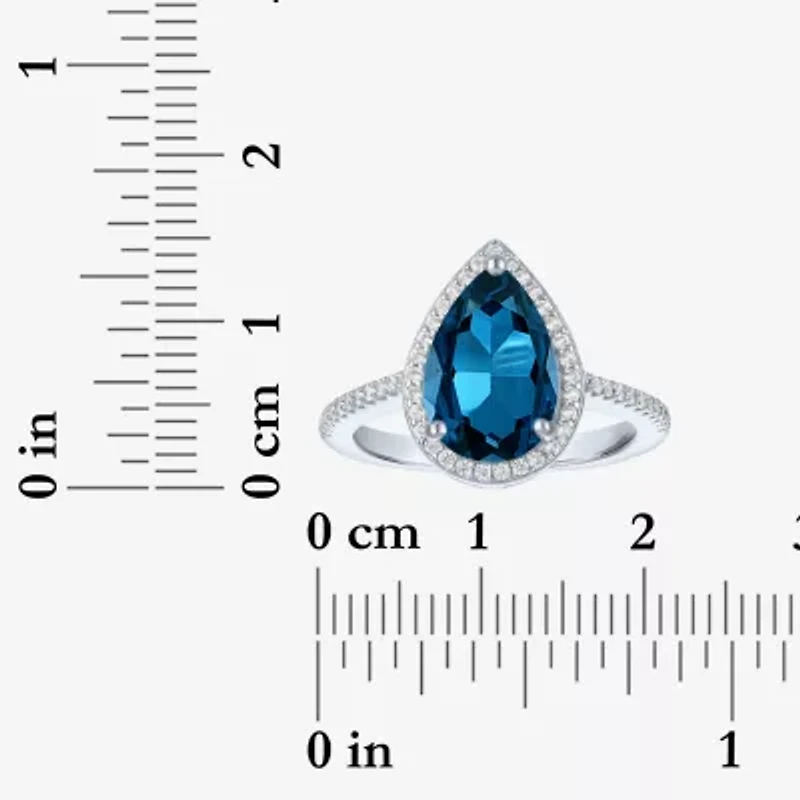 Womens Genuine Blue Topaz Sterling Silver Pear Halo Side Stone Cocktail Ring