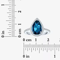 Womens Genuine Blue Topaz Sterling Silver Pear Halo Side Stone Cocktail Ring