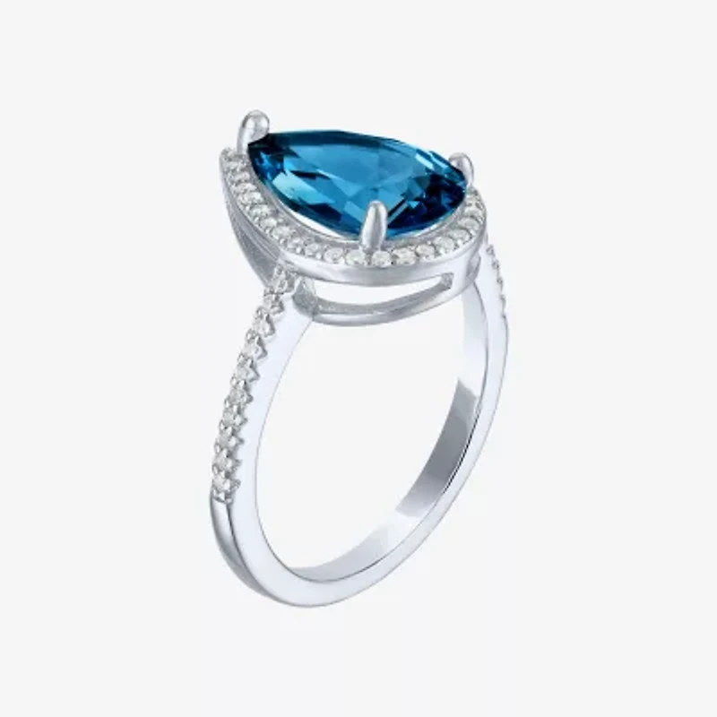 Womens Genuine Blue Topaz Sterling Silver Pear Halo Side Stone Cocktail Ring