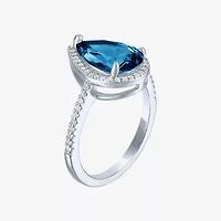 Womens Genuine Blue Topaz Sterling Silver Pear Halo Side Stone Cocktail Ring