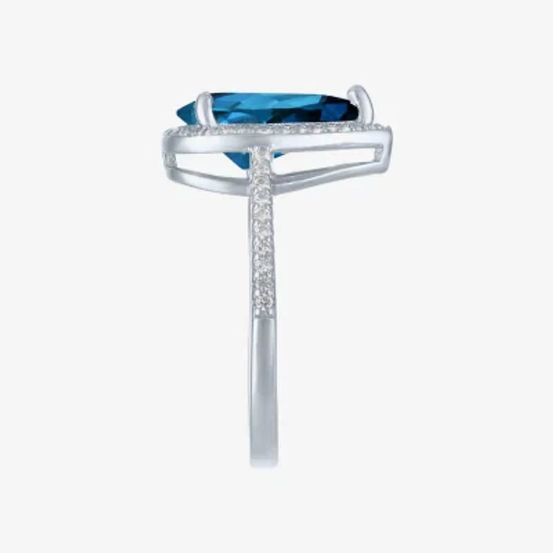 Womens Genuine Blue Topaz Sterling Silver Pear Halo Side Stone Cocktail Ring