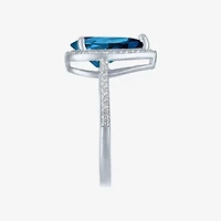 Womens Genuine Blue Topaz Sterling Silver Pear Halo Side Stone Cocktail Ring