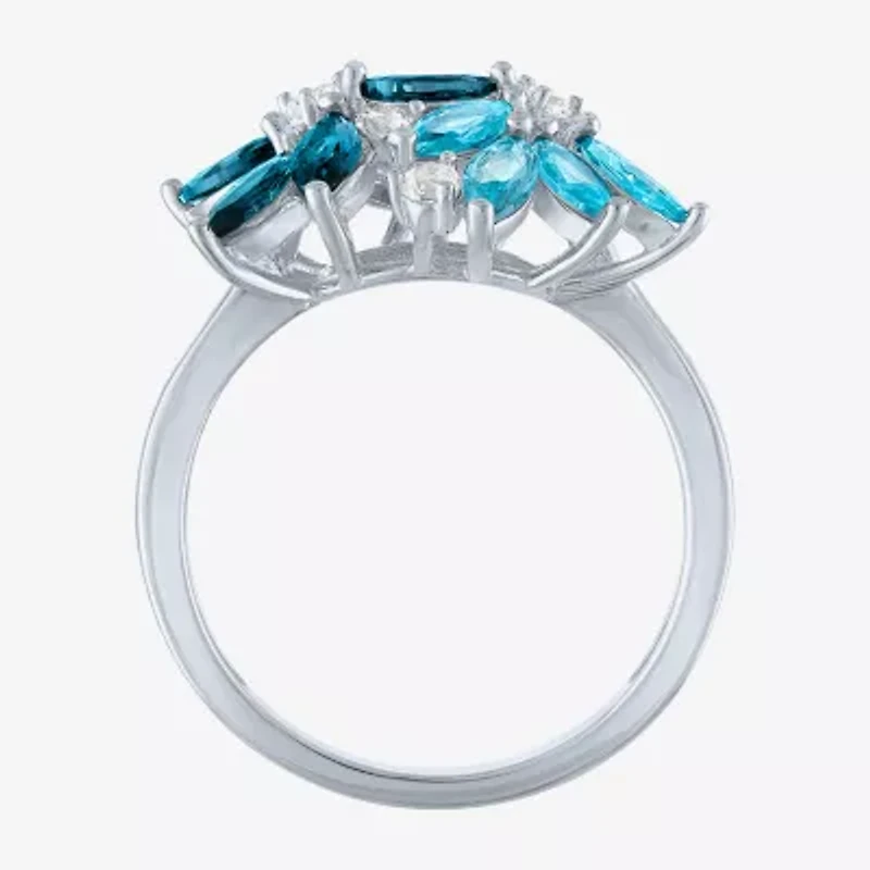 Womens Gemstone Sterling Silver Flower Cluster Cocktail Ring