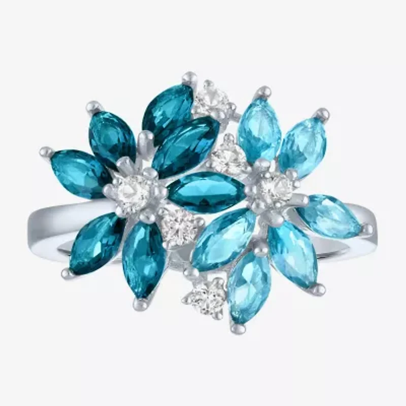 Womens Gemstone Sterling Silver Flower Cluster Cocktail Ring