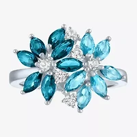 Womens Gemstone Sterling Silver Flower Cluster Cocktail Ring