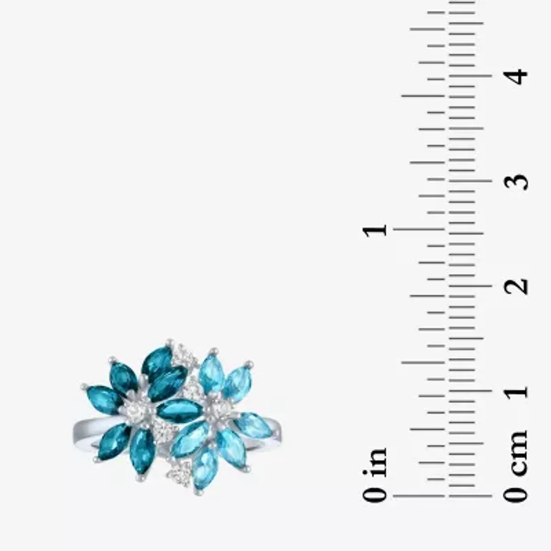 Womens Gemstone Sterling Silver Flower Cluster Cocktail Ring