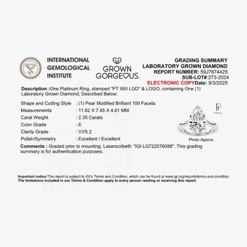 Grown Gorgeous (F, Vs2) Womens 2 1/4 CT. Lab White Diamond 14K Gold Pear Solitaire Engagement Ring